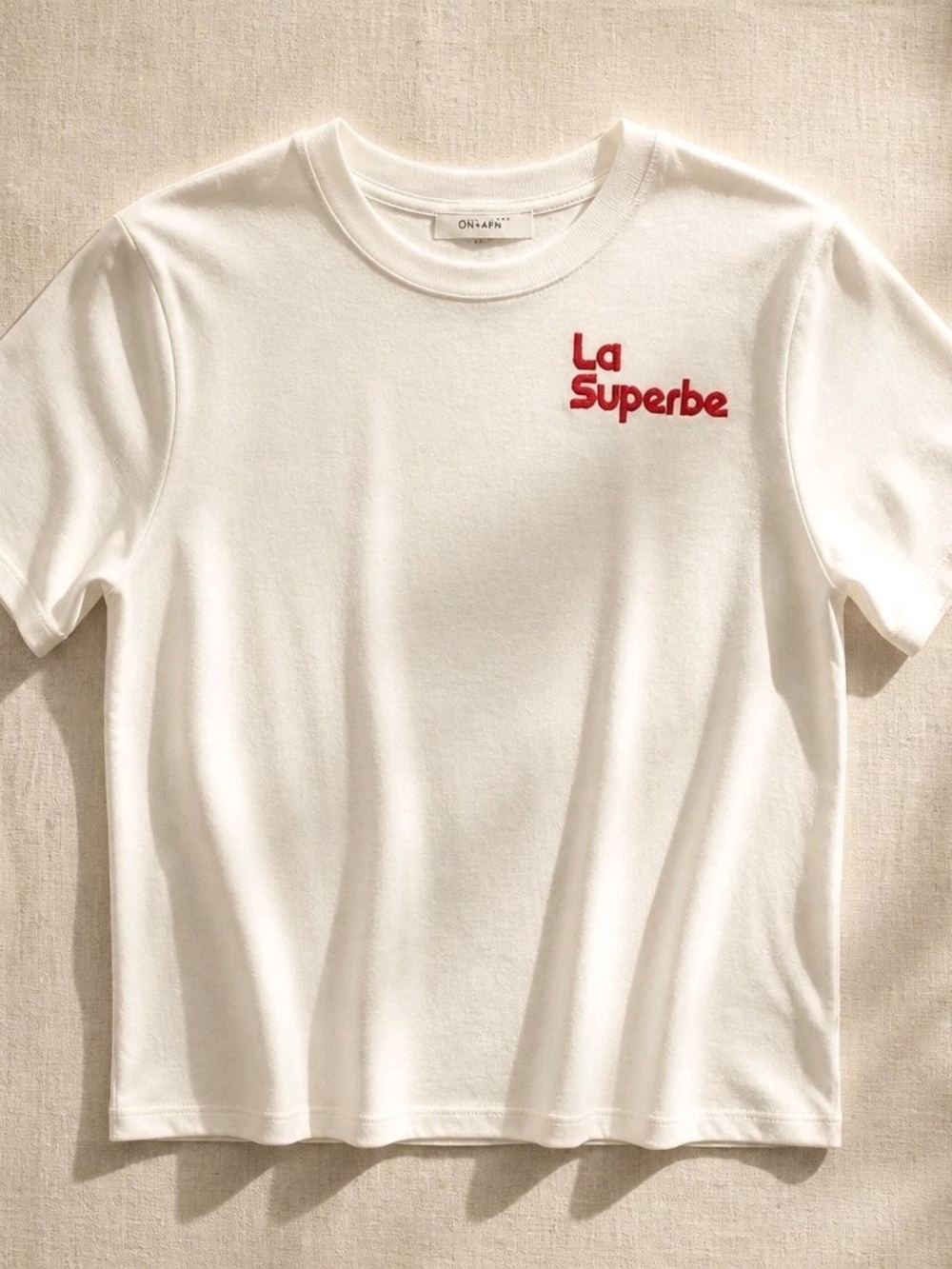 ON & AFN White Short Sleeve Tee with Red 'La Superbe' Embroidery